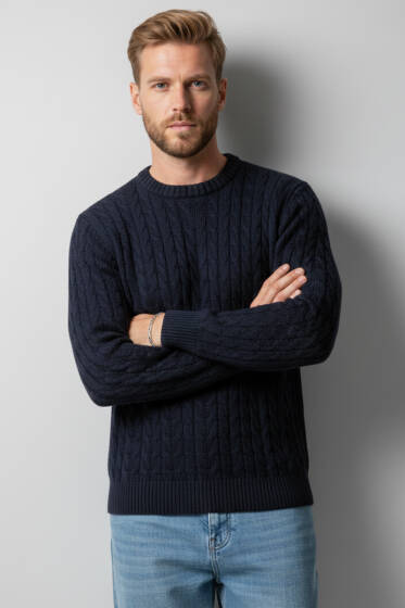 Bukle Örgü Erkek Triko Kazak Lacivert - Erkek Kazak