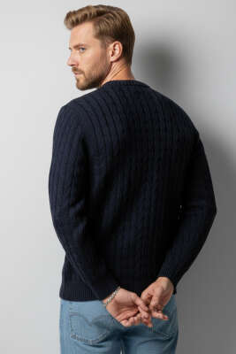 Bukle Örgü Erkek Triko Kazak Lacivert - Erkek Kazak