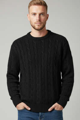 Bukle Örgü Erkek Triko Kazak Siyah - BETEKS