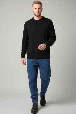 Bukle Örgü Erkek Triko Kazak Siyah - Erkek Kazak