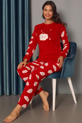 Bulut Desenli Doğalgaz Faturası Düşüren Pijama Takımı Kırmızı - Thumbnail