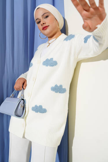 Bulut Desenli Düğmeli Triko Hırka Ekru - Hırka