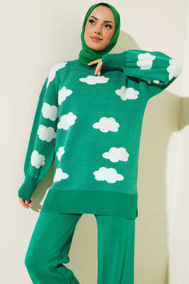 Bulut Desenli Sakallı Triko İkili Takım Yeşil - Thumbnail