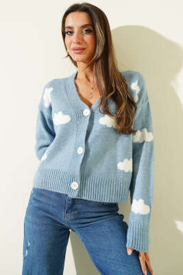 Bulut Desenli Triko Hırka İndigo - Kadın Giyim Modelleri