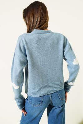 Bulut Desenli Triko Hırka İndigo - Kadın Giyim Modelleri