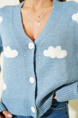 Bulut Desenli Triko Hırka İndigo - Kadın Giyim Modelleri