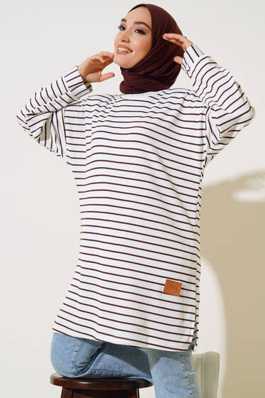Burgu Çizgili Tunik Kahve - Tunik