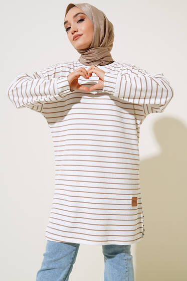 Burgu Çizgili Tunik Latte - Tunik