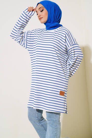 Burgu Çizgili Tunik Saks - Tunik
