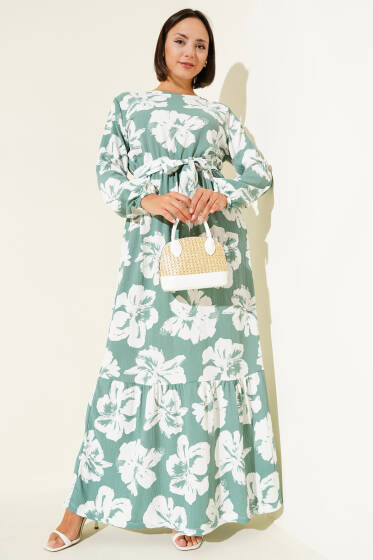 Bürümcük Çiçekli Kuşaklı Elbise Çağla Yeşili - Elbise
