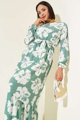 Bürümcük Çiçekli Kuşaklı Elbise Çağla Yeşili - Tesettür Elbise
