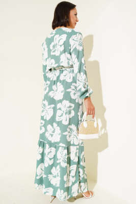 Bürümcük Çiçekli Kuşaklı Elbise Çağla Yeşili - Tesettür Elbise