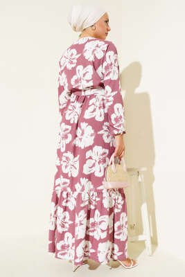 Bürümcük Çiçekli Kuşaklı Elbise Gül Kurusu - Tesettür Elbise