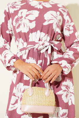 Bürümcük Çiçekli Kuşaklı Elbise Gül Kurusu - Tesettür Elbise