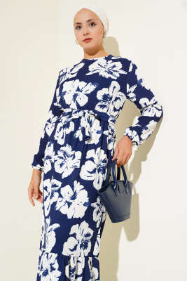 Bürümcük Çiçekli Kuşaklı Elbise Lacivert - Tesettür Elbise