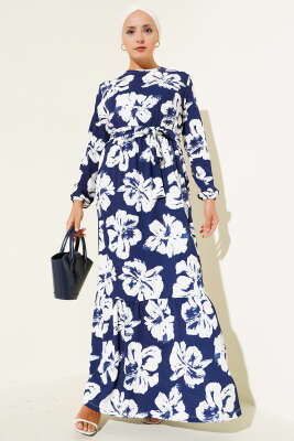 Bürümcük Çiçekli Kuşaklı Elbise Lacivert 