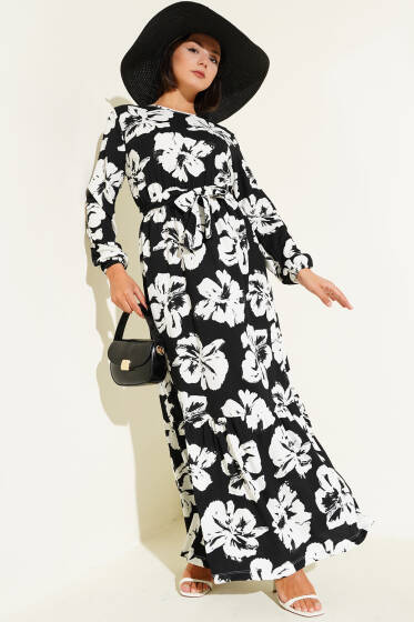 Bürümcük Çiçekli Kuşaklı Elbise Siyah - Elbise