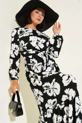 Bürümcük Çiçekli Kuşaklı Elbise Siyah - Tesettür Elbise