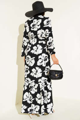 Bürümcük Çiçekli Kuşaklı Elbise Siyah - Tesettür Elbise