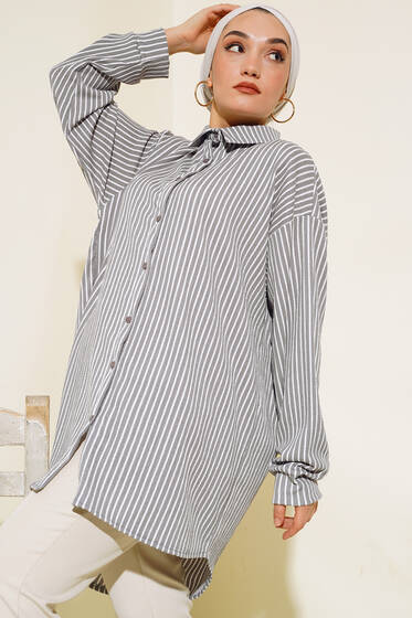 Bürümcük Çizgili Gömlek Gri - Gömlek