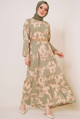 Bürümcük Desenli Kemerli Elbise Çağla Yeşili 