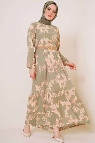 Bürümcük Desenli Kemerli Elbise Çağla Yeşili - Tesettür Elbise