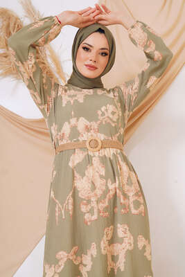 Bürümcük Desenli Kemerli Elbise Çağla Yeşili - Tesettür Elbise