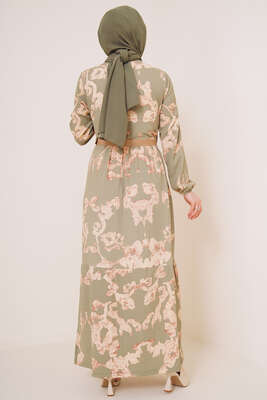 Bürümcük Desenli Kemerli Elbise Çağla Yeşili - Tesettür Elbise