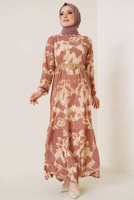 Bürümcük Desenli Kemerli Elbise Gül Kurusu - Tesettür Elbise