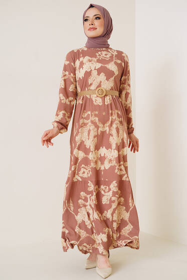 Bürümcük Desenli Kemerli Elbise Gül Kurusu - Tesettür Elbise