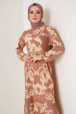 Bürümcük Desenli Kemerli Elbise Gül Kurusu - Tesettür Elbise