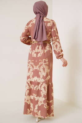 Bürümcük Desenli Kemerli Elbise Gül Kurusu - Tesettür Elbise