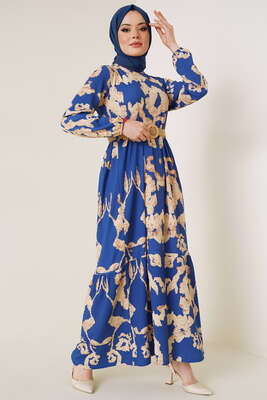 Bürümcük Desenli Kemerli Elbise Saks 