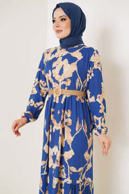 Bürümcük Desenli Kemerli Elbise Saks - Tesettür Elbise