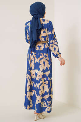 Bürümcük Desenli Kemerli Elbise Saks - Tesettür Elbise