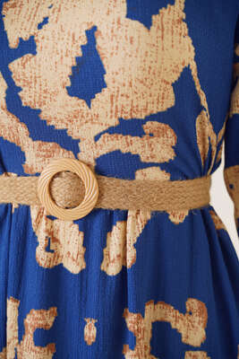 Bürümcük Desenli Kemerli Elbise Saks - Tesettür Elbise