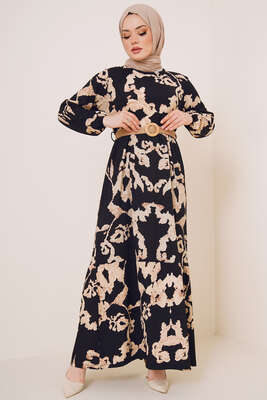 Bürümcük Desenli Kemerli Elbise Siyah 