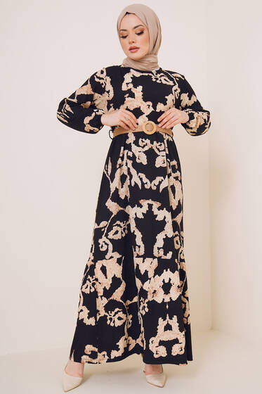 Bürümcük Desenli Kemerli Elbise Siyah - Tesettür Elbise