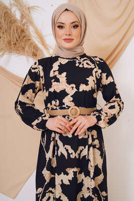 Bürümcük Desenli Kemerli Elbise Siyah - Tesettür Elbise