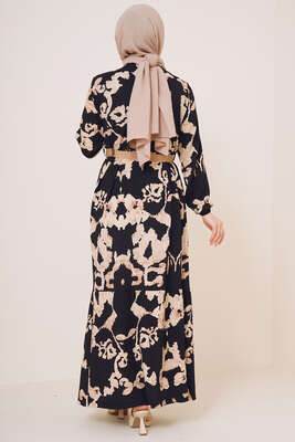 Bürümcük Desenli Kemerli Elbise Siyah - Tesettür Elbise
