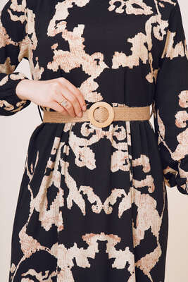 Bürümcük Desenli Kemerli Elbise Siyah - Tesettür Elbise