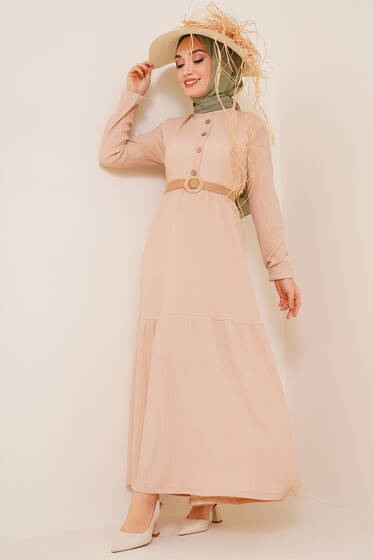 Bürümcük Dört Düğmeli Elbise Bej - Tesettür Elbise