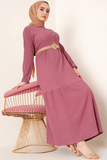 Bürümcük Dört Düğmeli Elbise Gül Kurusu - Tesettür Elbise