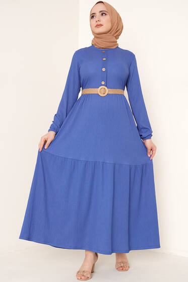 Bürümcük Dört Düğmeli Elbise İndigo - Tesettür Elbise