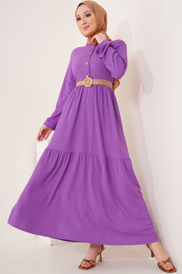 Bürümcük Dört Düğmeli Elbise Lila - Tesettür Elbise