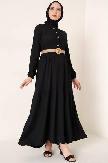 Bürümcük Dört Düğmeli Elbise Siyah - Tesettür Elbise
