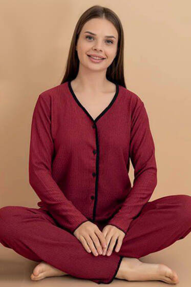 Bürümcük Düğmeli Pijama Takımı Bordo - Kadın Pijama Takımı