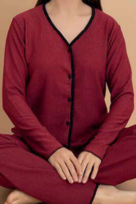 Bürümcük Düğmeli Pijama Takımı Bordo - Kadın Pijama Takımı