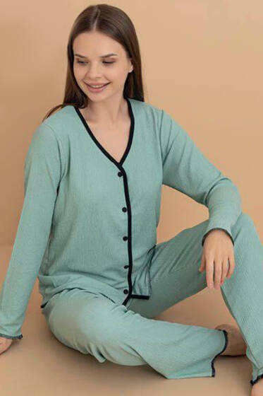 Bürümcük Düğmeli Pijama Takımı Çağla Yeşili - Kadın Pijama Takımı