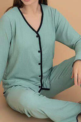 Bürümcük Düğmeli Pijama Takımı Çağla Yeşili - Kadın Pijama Takımı
